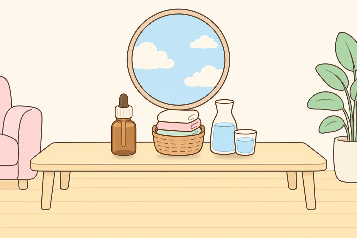 의정부 여성전용 아로마 마사지 안내 그림, 거실 원목 테이블 위의 오일병, 수건 바구니, 물병