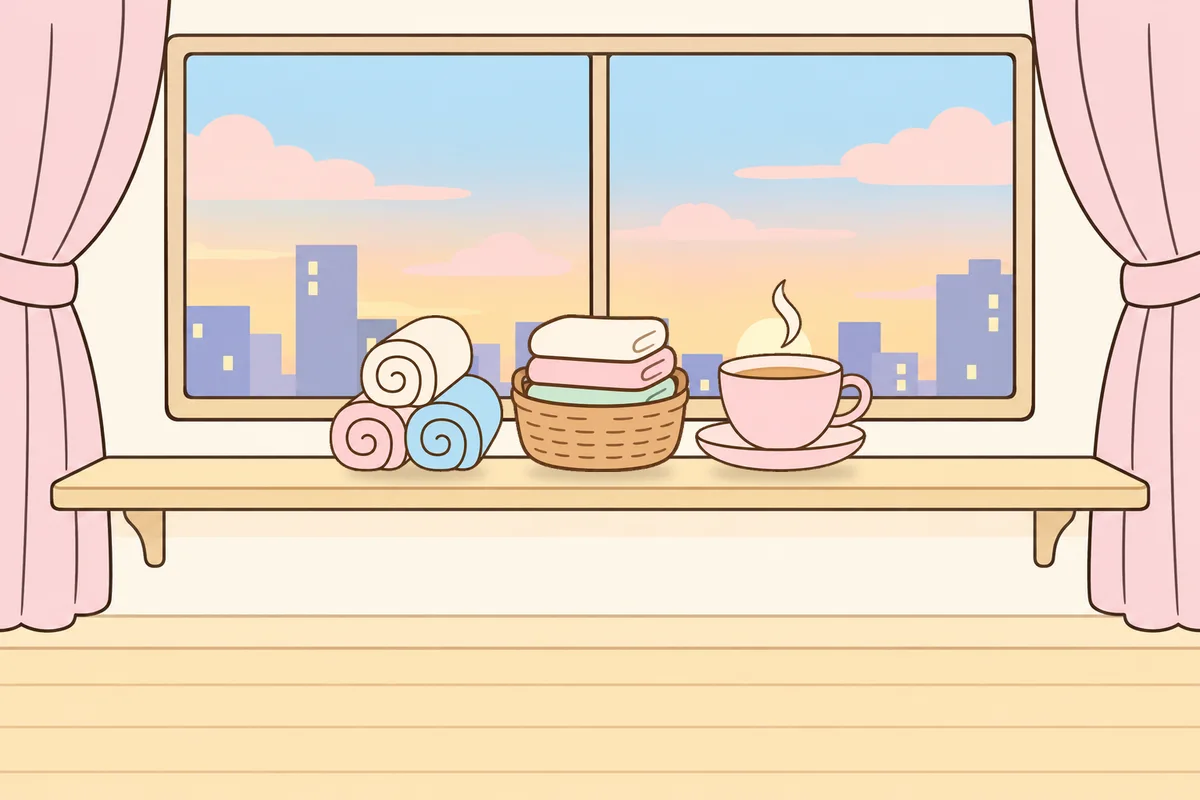 의정부 여성전용 아로마 추천 안내 그림, 호텔 창가 선반 위의 수건, 수건 바구니, 찻잔