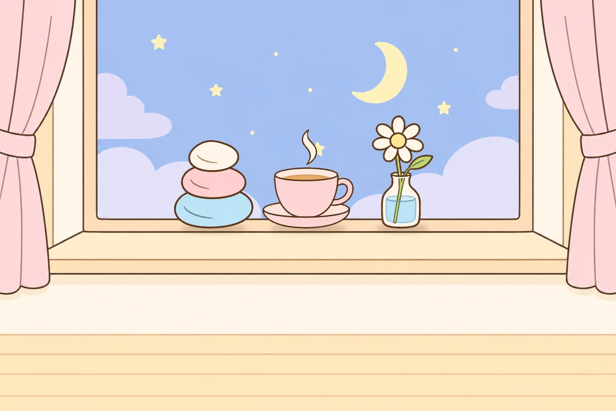 의정부 여성전용 경락마사지 안내 그림, 밤 창가 창턱 위의 조약돌, 찻잔, 데이지 꽃병