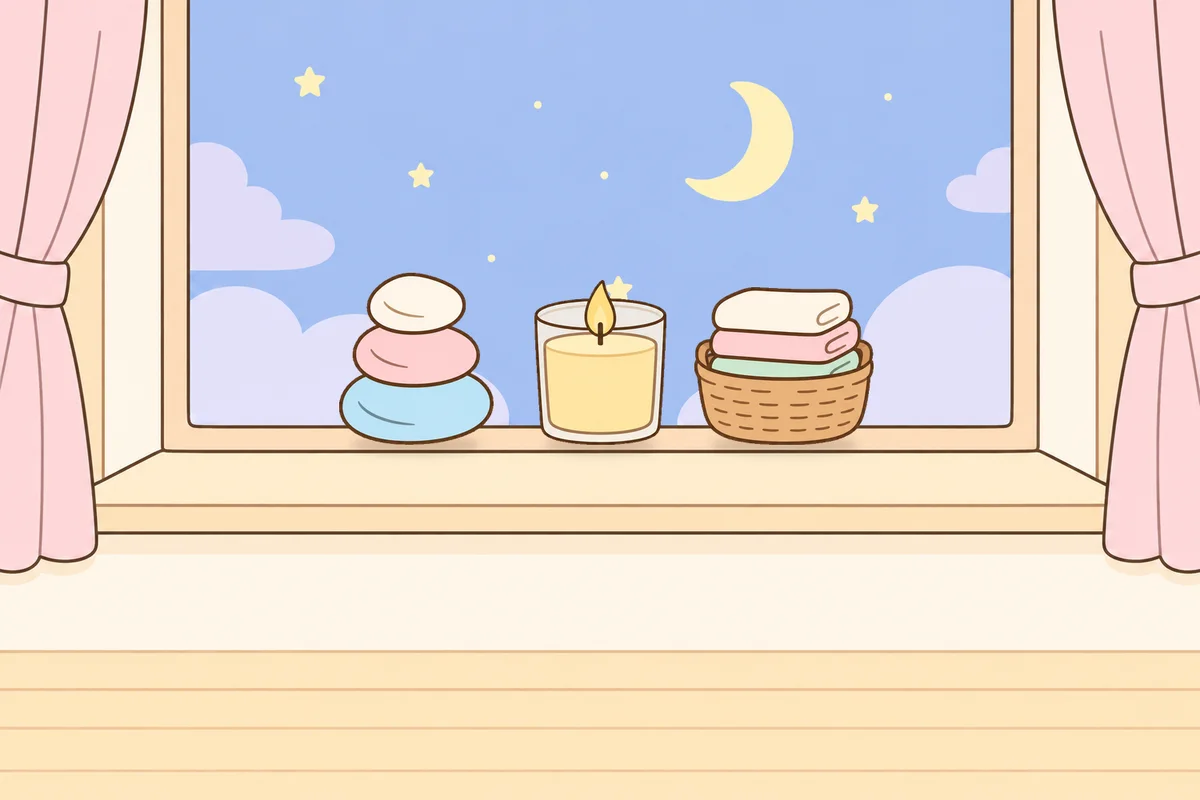 의정부 여성전용 경락마사지 후기 안내 그림, 밤 창가 창턱 위의 조약돌, 향초, 수건 바구니