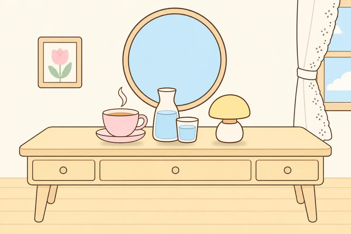 의정부 여성전용 방문 마사지 안내 그림, 화장대 위의 찻잔, 물병, 무드등