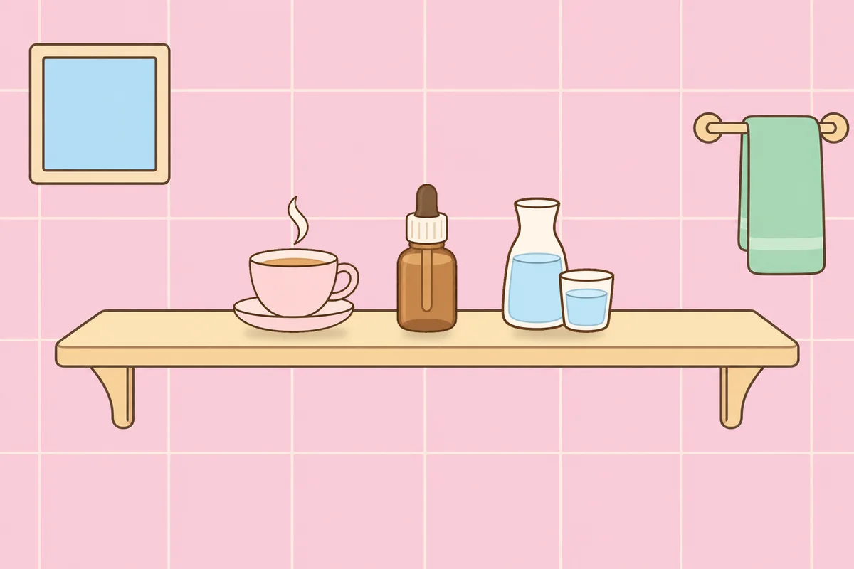 의정부 여성전용 홈케어 추천 안내 그림, 파우더룸 선반 위의 찻잔, 오일병, 물병