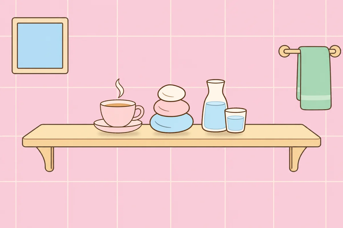 의정부 여성전용 발관리 안내 그림, 파우더룸 선반 위의 찻잔, 조약돌, 물병