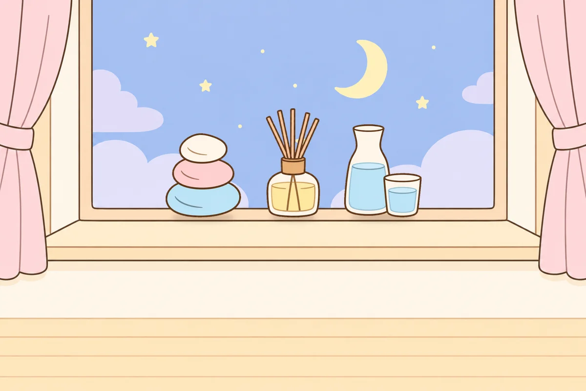 의정부 여성전용 바디 케어 안내 그림, 밤 창가 창턱 위의 조약돌, 디퓨저, 물병