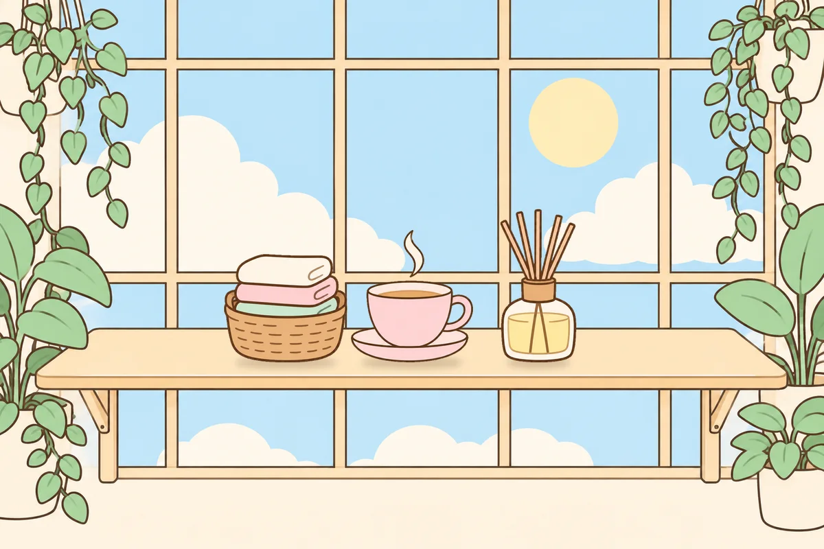 의정부 여성전용 수면 케어 안내 그림, 햇살 드는 창가 선반 위의 수건 바구니, 찻잔, 디퓨저