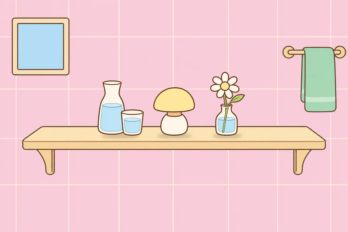 파주 여성전용 아로마 마사지 안내 그림, 파우더룸 선반 위의 물병, 무드등, 데이지 꽃병
