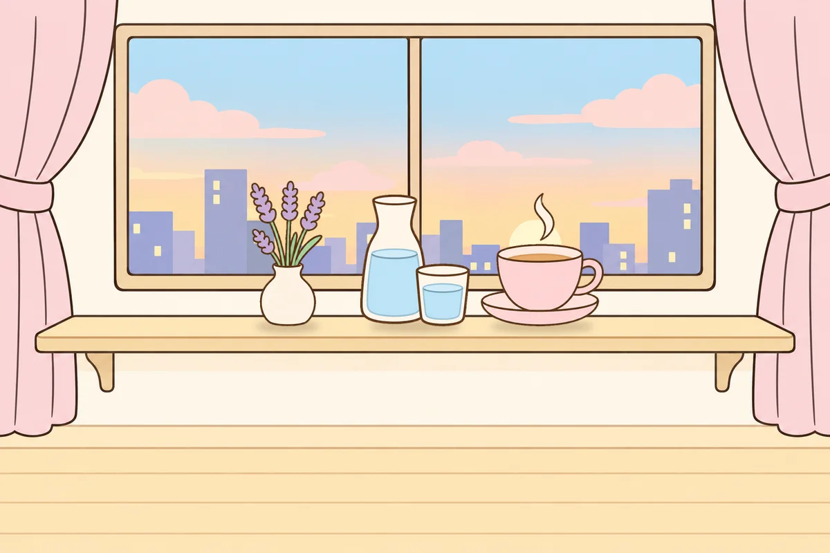 파주 여성전용 경락마사지 안내 그림, 호텔 창가 선반 위의 라벤더 꽃병, 물병, 찻잔