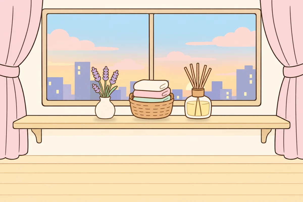 파주 여성전용 경락 케어 안내 그림, 호텔 창가 선반 위의 라벤더 꽃병, 수건 바구니, 디퓨저
