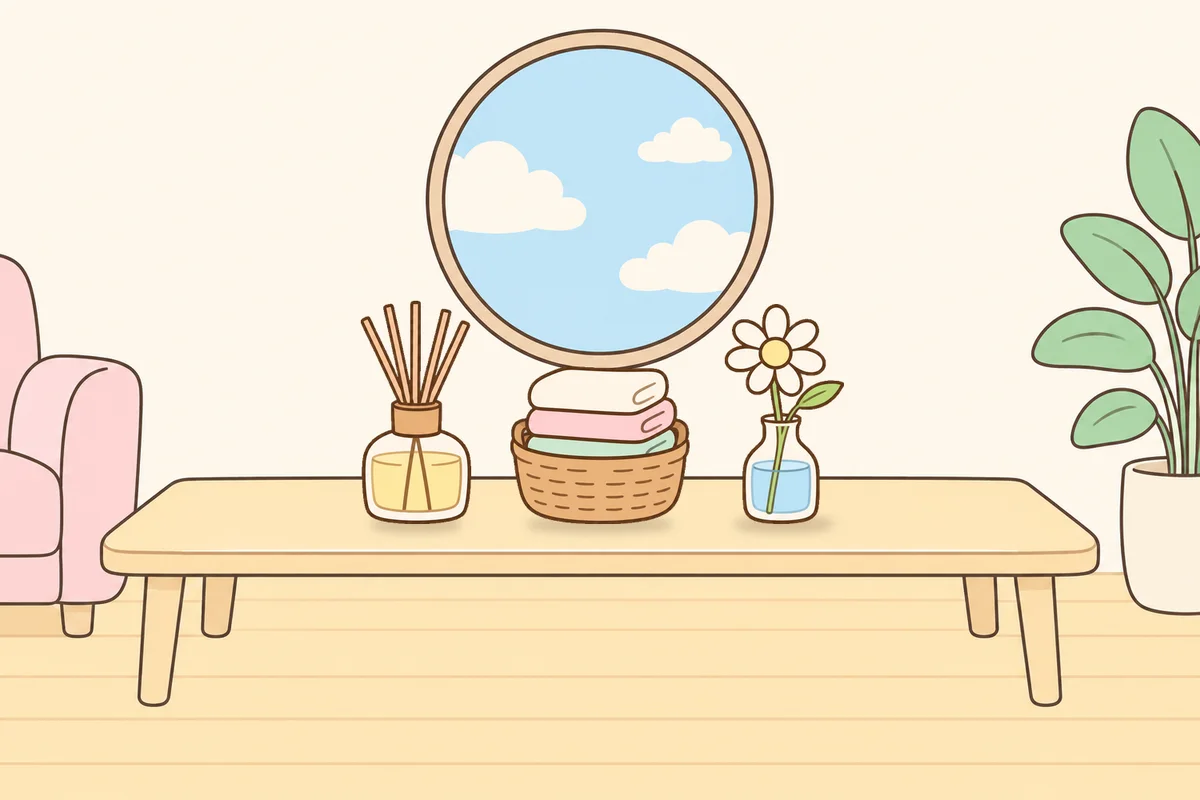 파주 여성전용 경락 가격 안내 그림, 거실 원목 테이블 위의 디퓨저, 수건 바구니, 데이지 꽃병