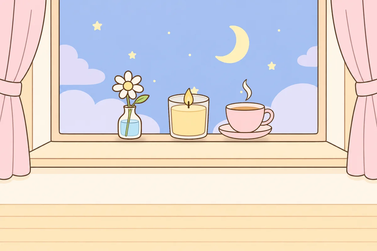 파주 여성전용 경락 추천 안내 그림, 밤 창가 창턱 위의 데이지 꽃병, 향초, 찻잔
