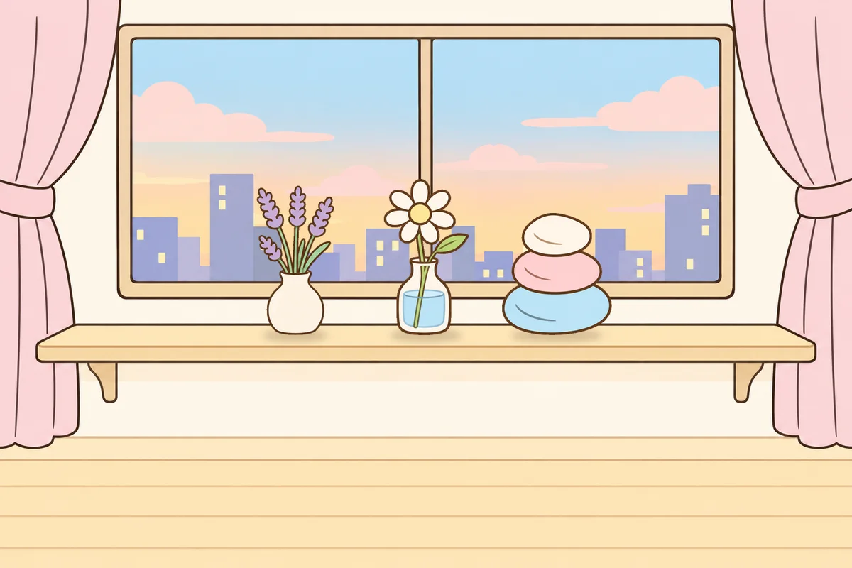 파주 여성전용 프라이빗 케어 안내 그림, 호텔 창가 선반 위의 라벤더 꽃병, 데이지 꽃병, 조약돌