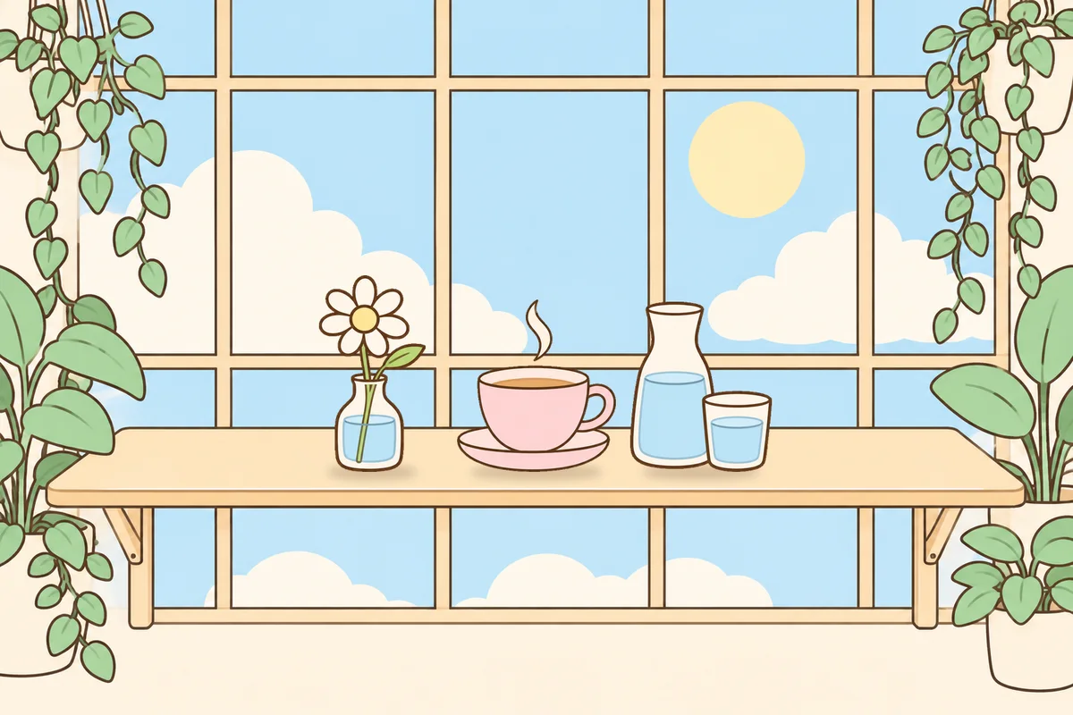 파주 여성전용 부종 케어 안내 그림, 햇살 드는 창가 선반 위의 데이지 꽃병, 찻잔, 물병