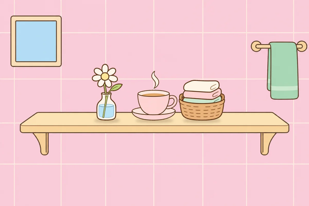 파주 여성전용 셀룰라이트 관리 안내 그림, 파우더룸 선반 위의 데이지 꽃병, 찻잔, 수건 바구니