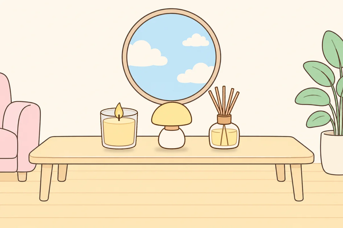 파주 여성전용 슬리밍 마사지 안내 그림, 거실 원목 테이블 위의 향초, 무드등, 디퓨저