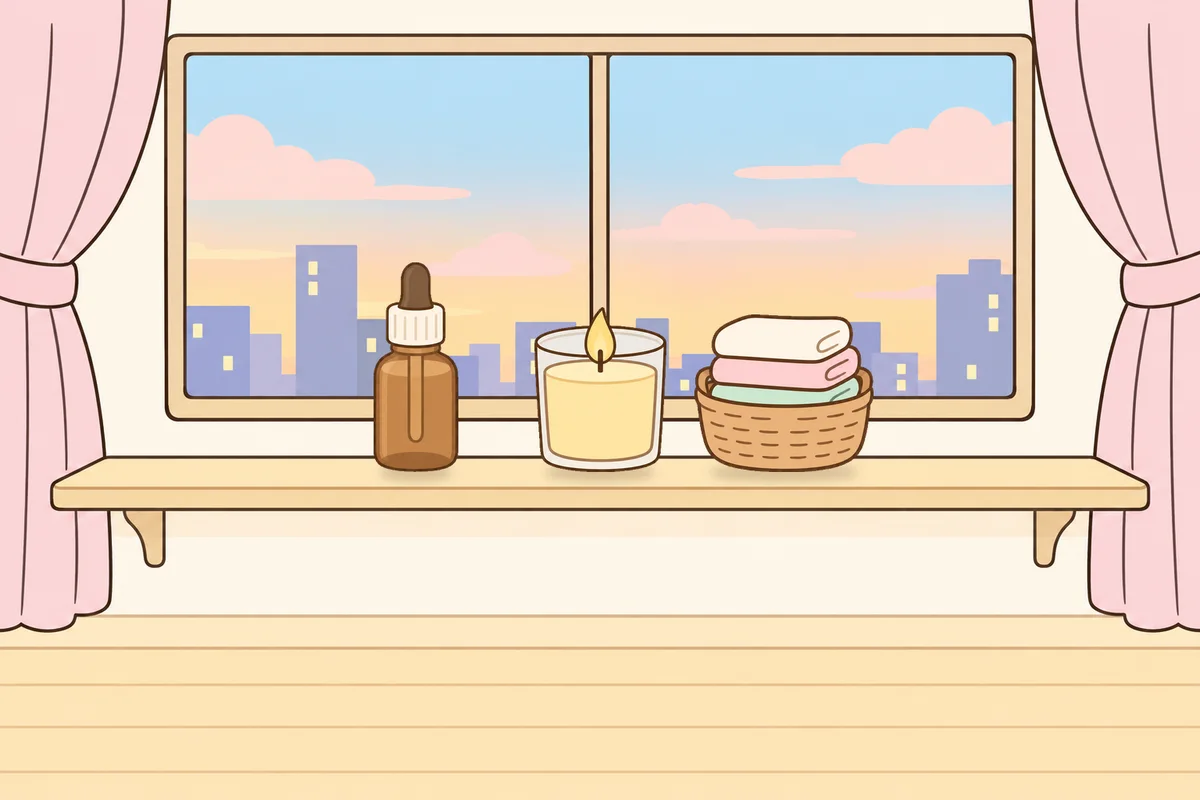 파주 여성전용 종아리 케어 안내 그림, 호텔 창가 선반 위의 오일병, 향초, 수건 바구니