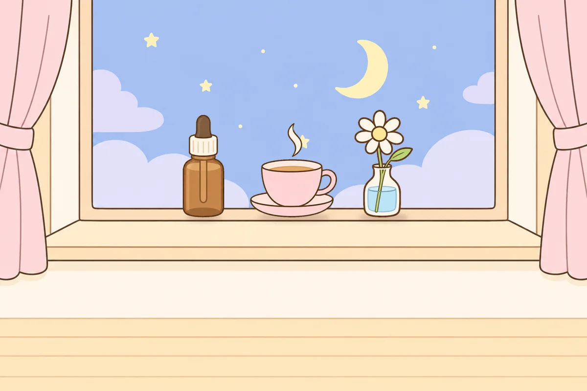 파주 여성전용 등 마사지 안내 그림, 밤 창가 창턱 위의 오일병, 찻잔, 데이지 꽃병