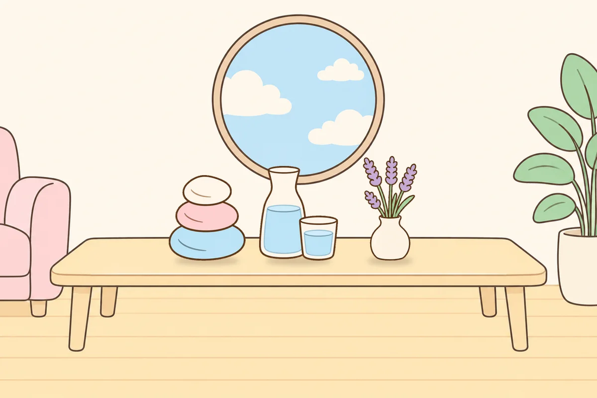 파주 여성전용 두피 마사지 안내 그림, 거실 원목 테이블 위의 조약돌, 물병, 라벤더 꽃병