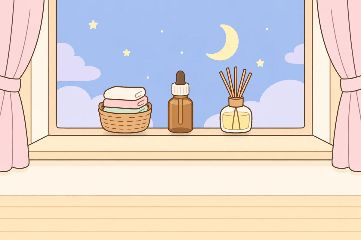 파주 여성전용 수면 케어 안내 그림, 밤 창가 창턱 위의 수건 바구니, 오일병, 디퓨저