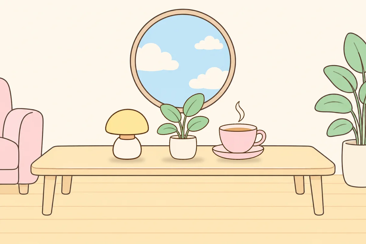 파주 여성전용 피부 관리 안내 그림, 거실 원목 테이블 위의 무드등, 화분, 찻잔