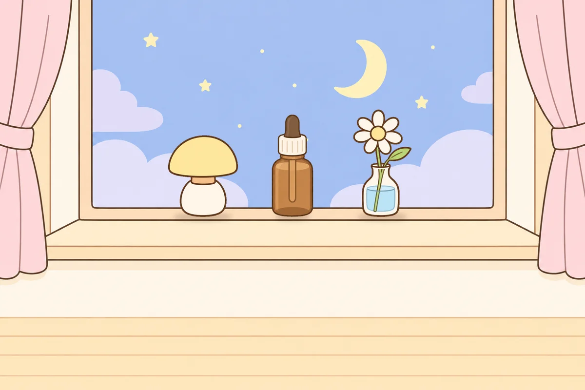 파주 여성전용 마사지 추천 안내 그림, 밤 창가 창턱 위의 무드등, 오일병, 데이지 꽃병
