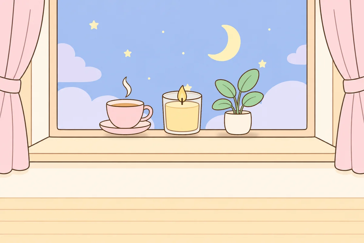 김포 여성전용 아로마 마사지 안내 그림, 밤 창가 창턱 위의 찻잔, 향초, 화분