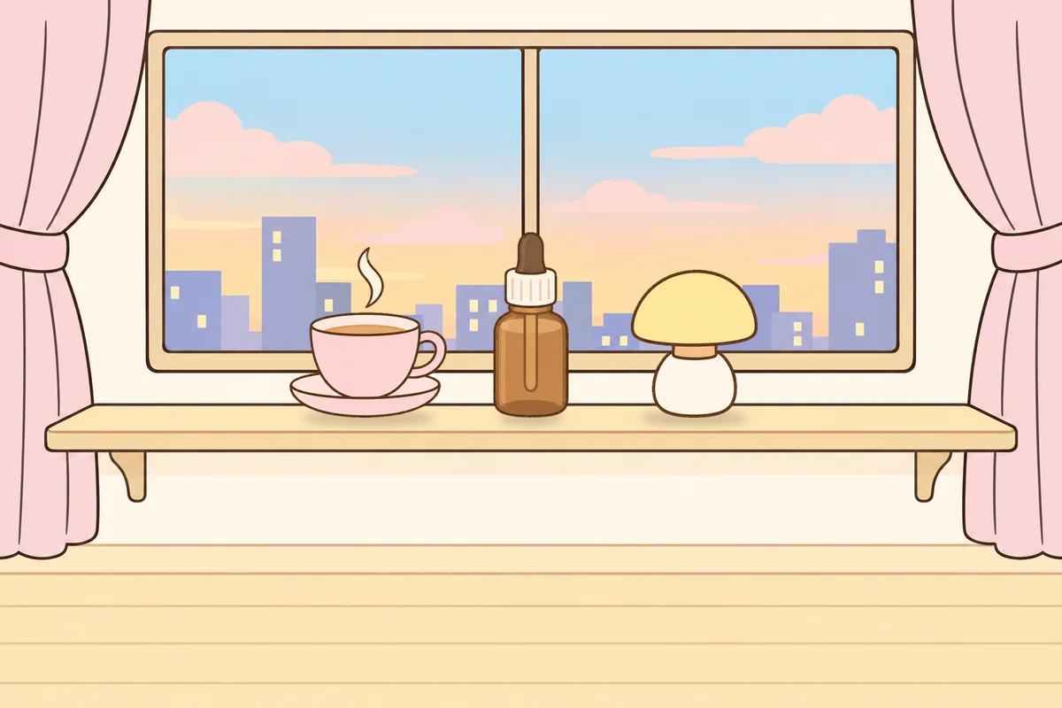 김포 여성전용 라벤더 아로마 안내 그림, 호텔 창가 선반 위의 찻잔, 오일병, 무드등