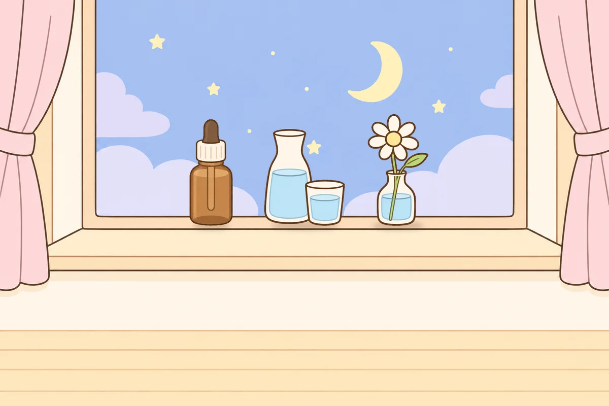 김포 여성전용 아로마 추천 안내 그림, 밤 창가 창턱 위의 오일병, 물병, 데이지 꽃병