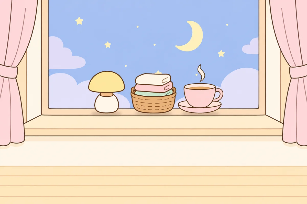 김포 여성전용 경락 마사지 안내 그림, 밤 창가 창턱 위의 무드등, 수건 바구니, 찻잔