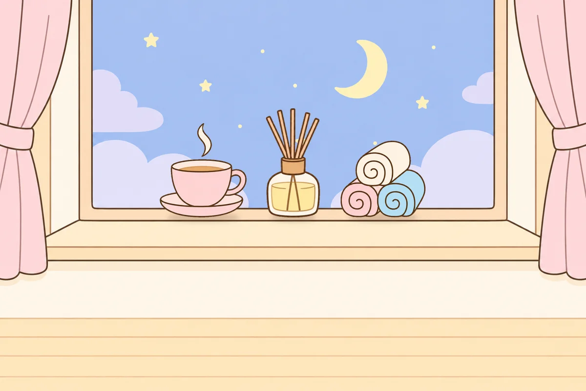 김포 여성전용 바디 경락 안내 그림, 밤 창가 창턱 위의 찻잔, 디퓨저, 수건