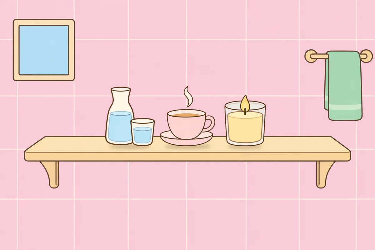 김포 여성전용 홈케어 후기 안내 그림, 파우더룸 선반 위의 물병, 찻잔, 향초