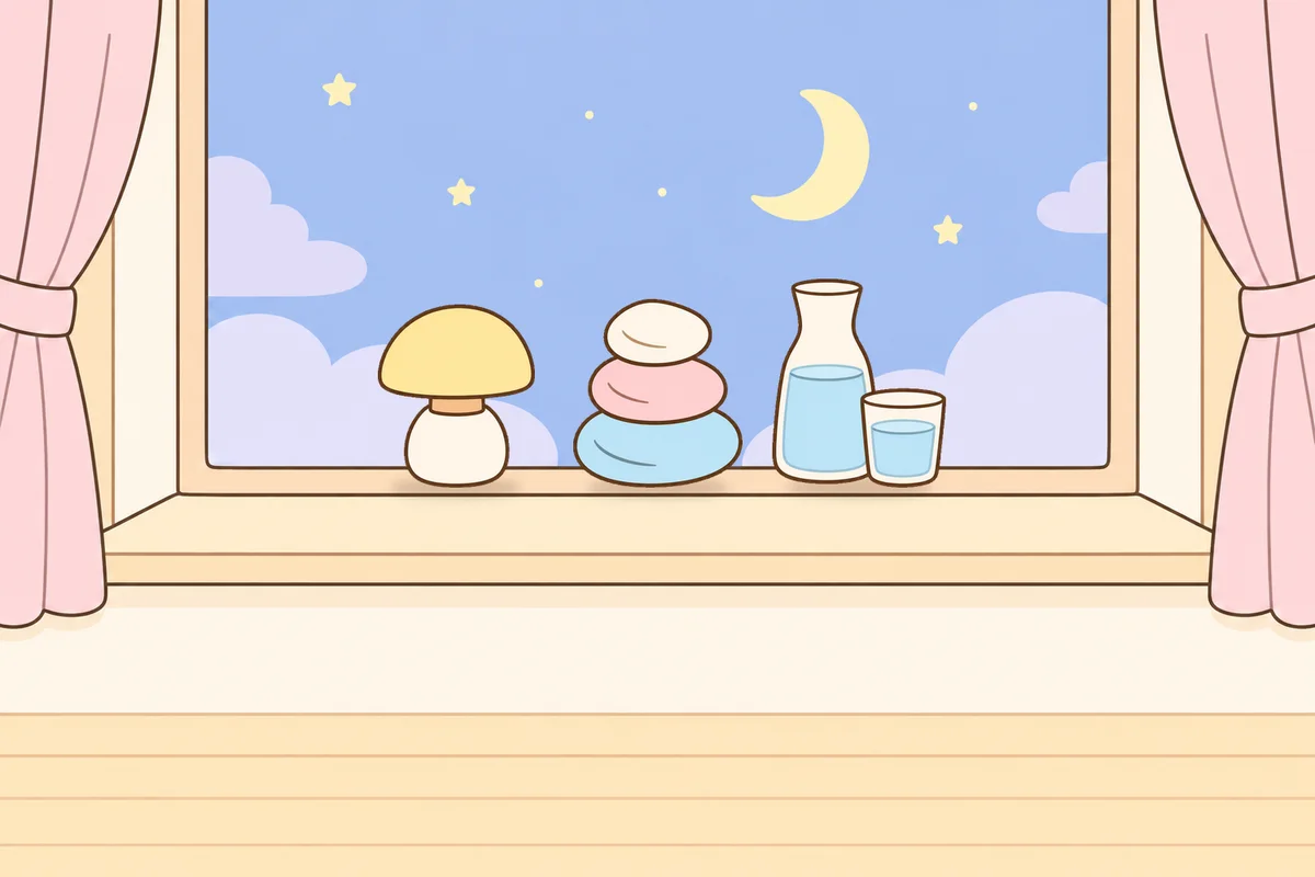김포 여성전용 발마사지 안내 그림, 밤 창가 창턱 위의 무드등, 조약돌, 물병