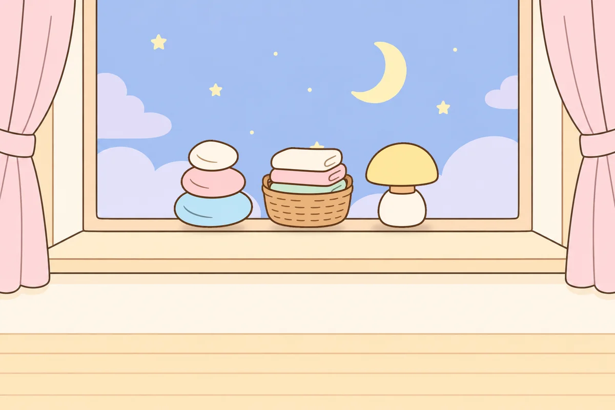 김포 여성전용 발 부종 케어 안내 그림, 밤 창가 창턱 위의 조약돌, 수건 바구니, 무드등