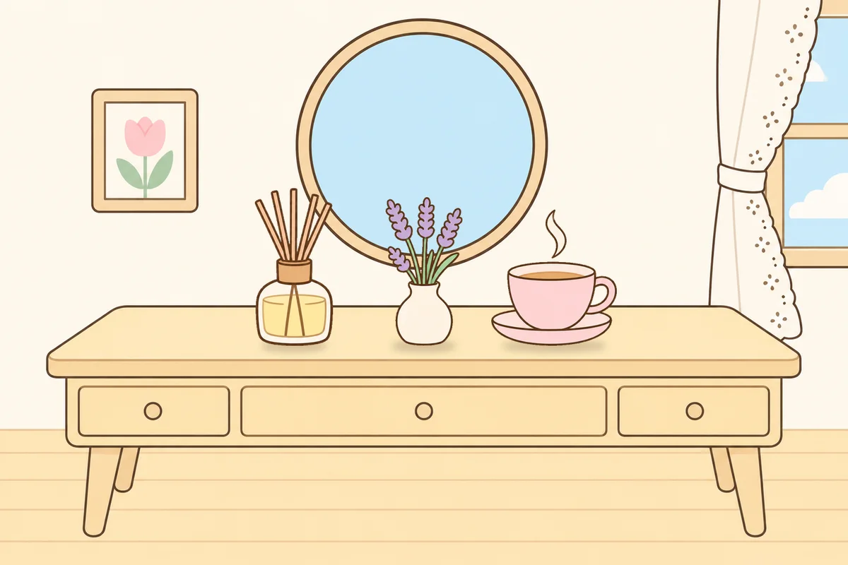 김포 여성전용 슬리밍 마사지 안내 그림, 화장대 위의 디퓨저, 라벤더 꽃병, 찻잔