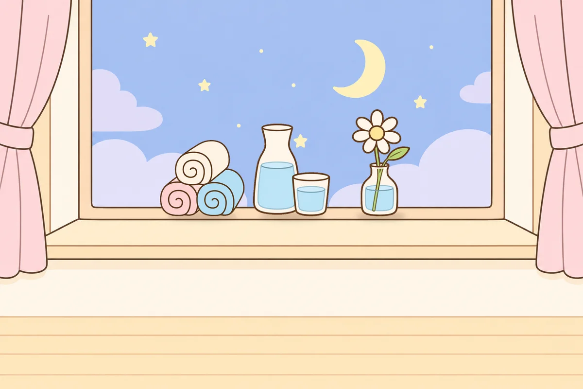 김포 여성전용 디톡스 마사지 안내 그림, 밤 창가 창턱 위의 수건, 물병, 데이지 꽃병