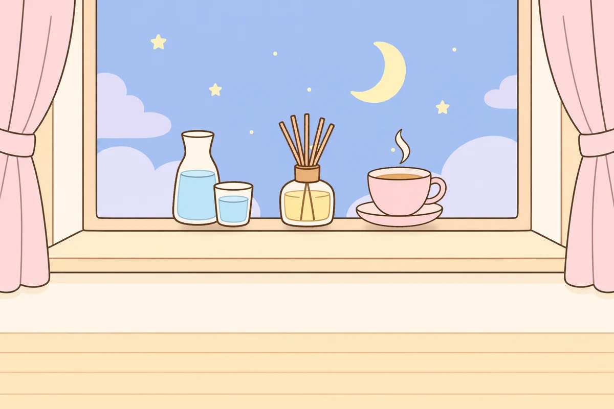 김포 여성전용 종아리 케어 안내 그림, 밤 창가 창턱 위의 물병, 디퓨저, 찻잔