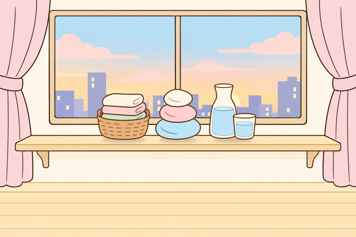 김포 여성전용 어깨 마사지 안내 그림, 호텔 창가 선반 위의 수건 바구니, 조약돌, 물병