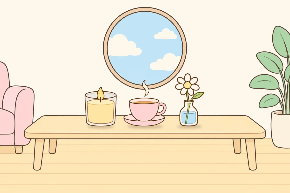 김포 여성전용 목 어깨 케어 안내 그림, 거실 원목 테이블 위의 향초, 찻잔, 데이지 꽃병