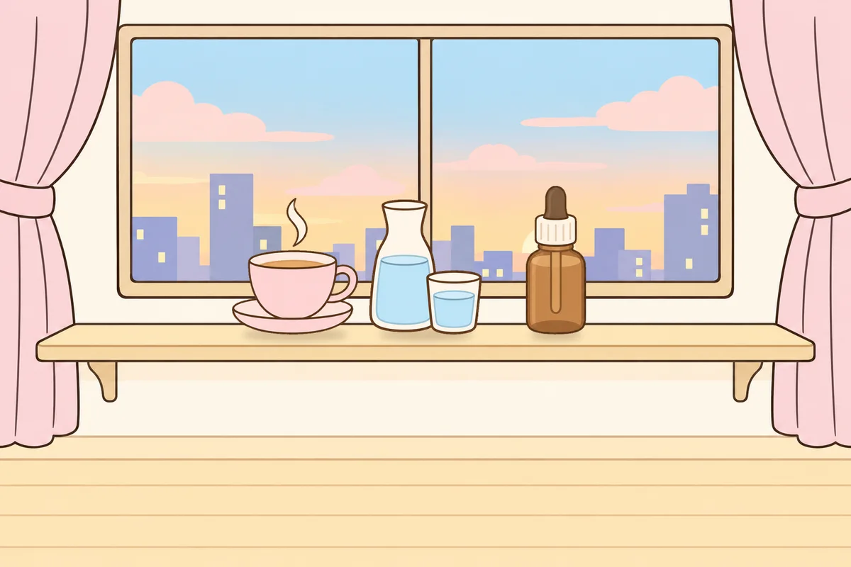 김포 여성전용 수면 케어 안내 그림, 호텔 창가 선반 위의 찻잔, 물병, 오일병