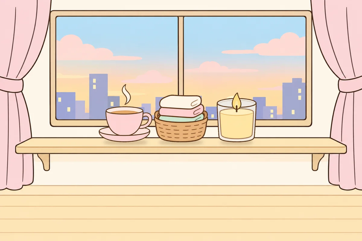 김포 여성전용 안티에이징 케어 안내 그림, 호텔 창가 선반 위의 찻잔, 수건 바구니, 향초