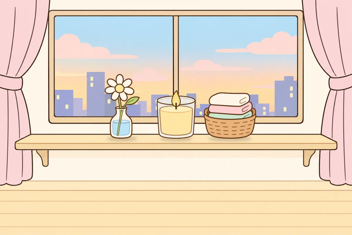 김포 여성전용 브라이덜 케어 안내 그림, 호텔 창가 선반 위의 데이지 꽃병, 향초, 수건 바구니