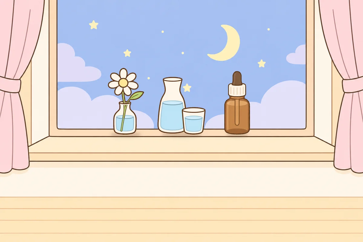 김포 여성전용 피부 관리 안내 그림, 밤 창가 창턱 위의 데이지 꽃병, 물병, 오일병