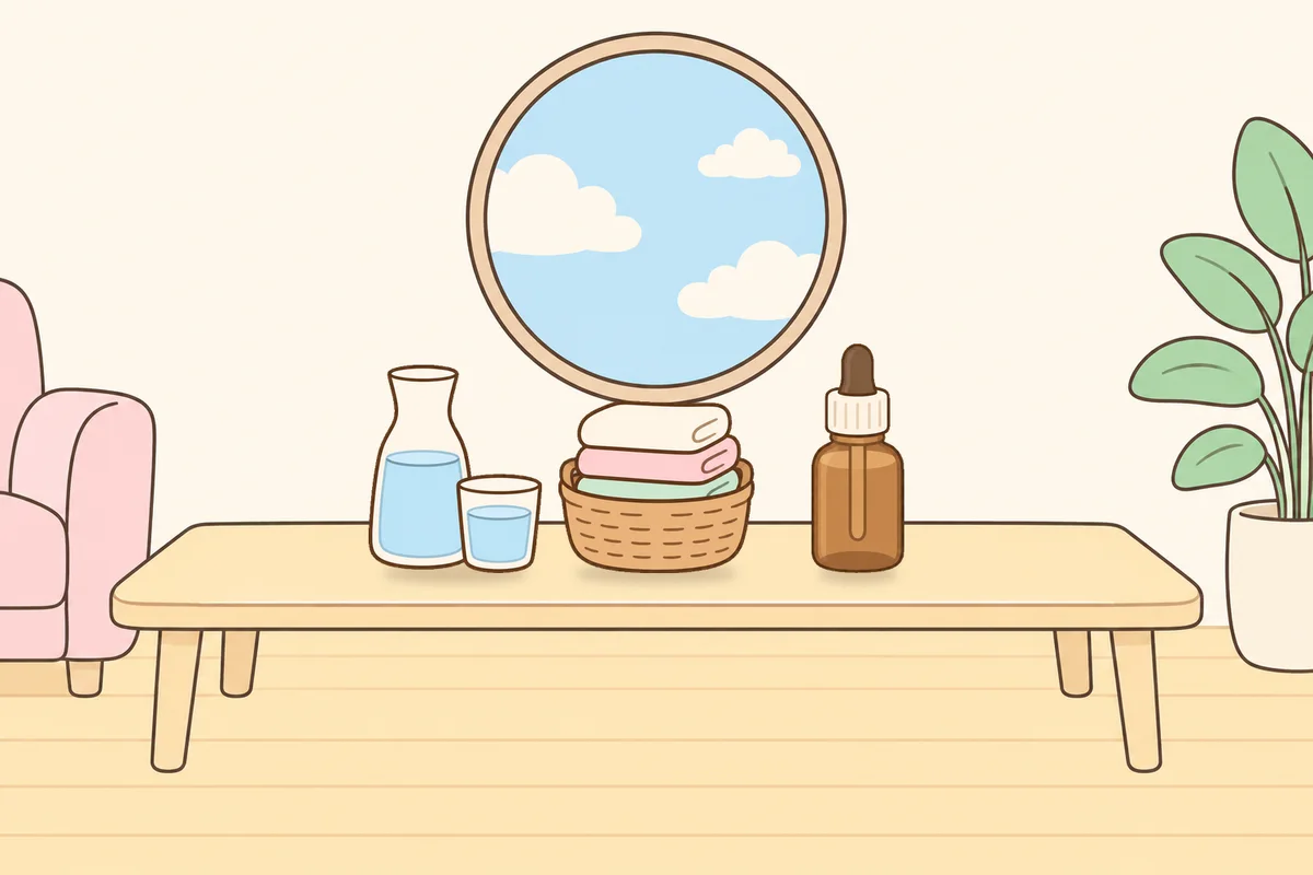 김포 여성전용 마사지 후기 안내 그림, 거실 원목 테이블 위의 물병, 수건 바구니, 오일병