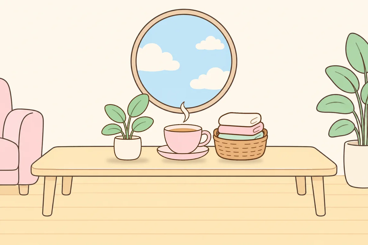 광주 여성전용 라벤더 아로마 안내 그림, 거실 원목 테이블 위의 화분, 찻잔, 수건 바구니