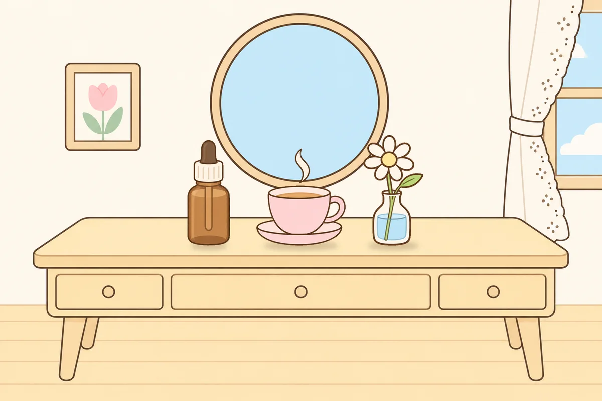 광주 여성전용 아로마 추천 안내 그림, 화장대 위의 오일병, 찻잔, 데이지 꽃병