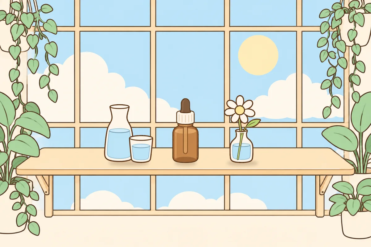 광주 여성전용 경락 케어 안내 그림, 햇살 드는 창가 선반 위의 물병, 오일병, 데이지 꽃병
