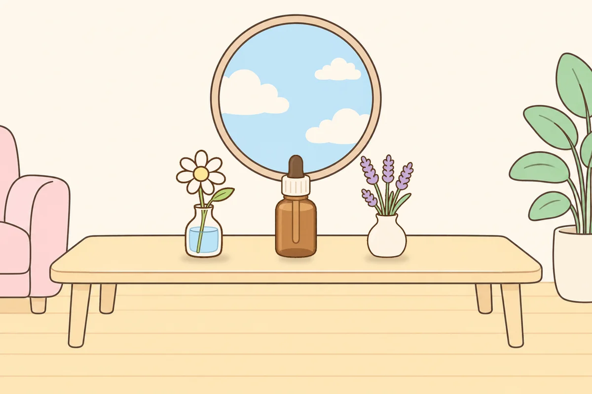 광주 여성전용 바디 경락 안내 그림, 거실 원목 테이블 위의 데이지 꽃병, 오일병, 라벤더 꽃병