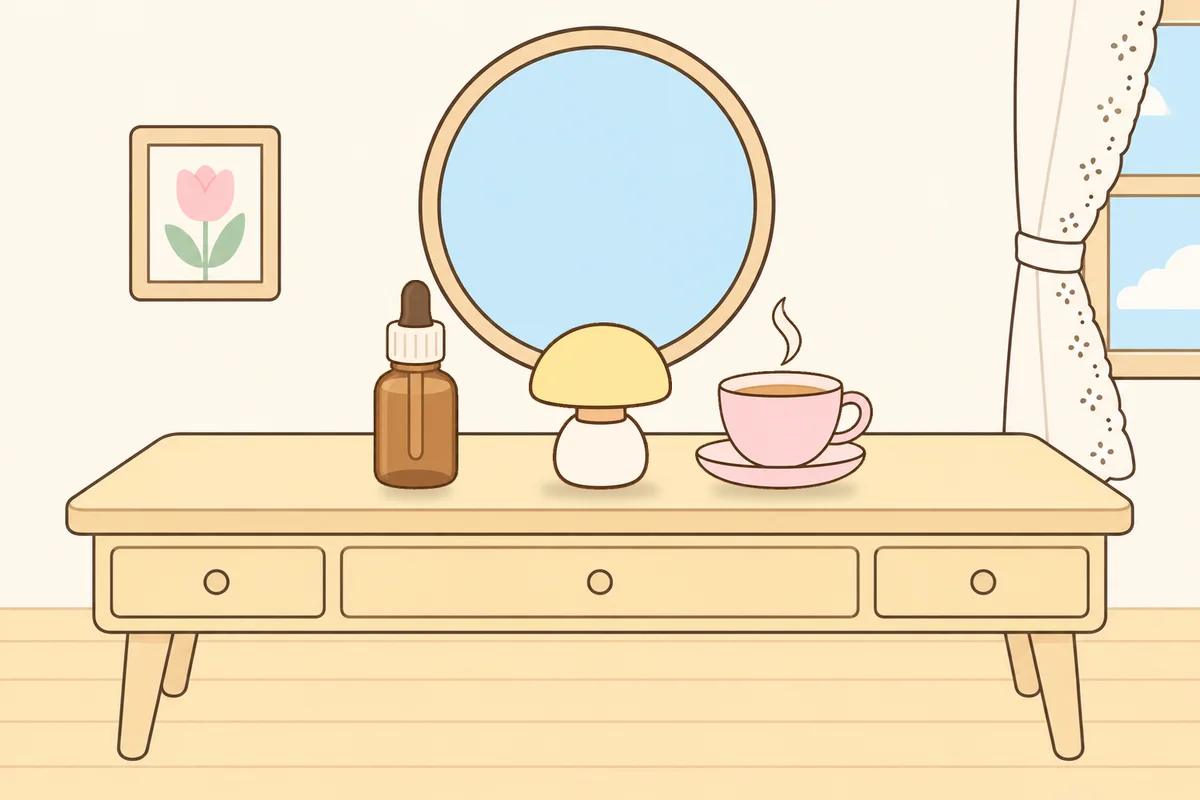 광주 여성전용 홈케어 안내 그림, 화장대 위의 오일병, 무드등, 찻잔