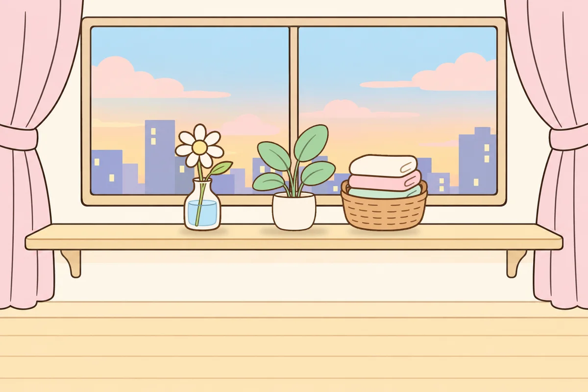 광주 여성전용 홈케어 후기 안내 그림, 호텔 창가 선반 위의 데이지 꽃병, 화분, 수건 바구니