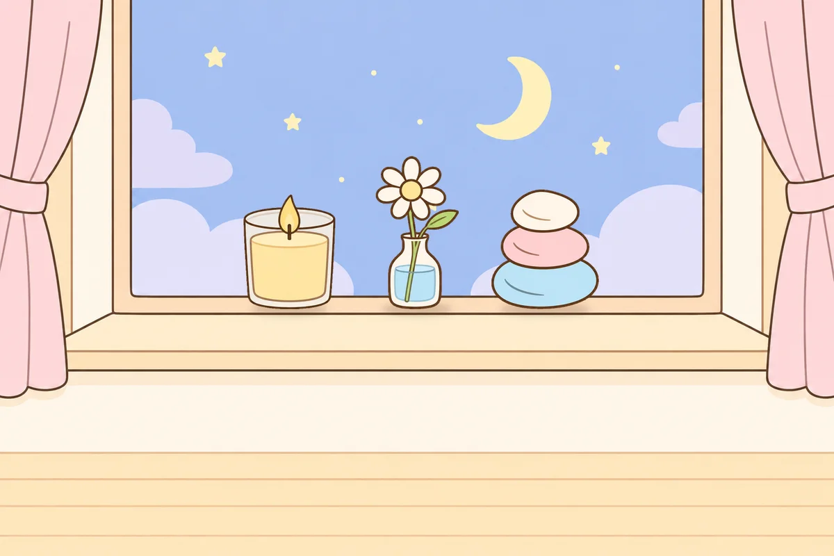 광주 여성전용 다이어트 마사지 안내 그림, 밤 창가 창턱 위의 향초, 데이지 꽃병, 조약돌