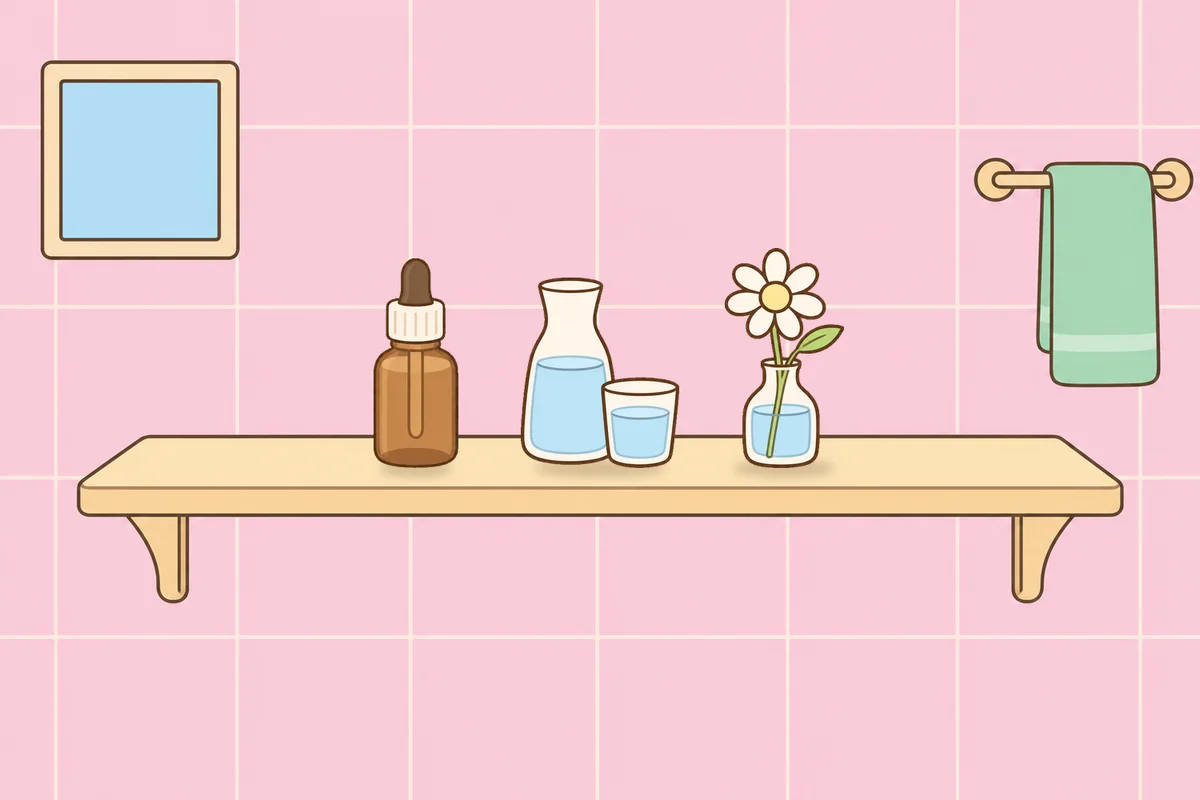 광주 여성전용 두피 케어 안내 그림, 파우더룸 선반 위의 오일병, 물병, 데이지 꽃병